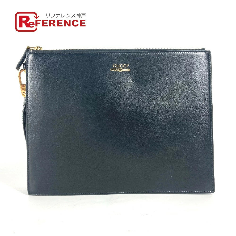 GUCCI Bag Logo Strap Clutch Leather Black